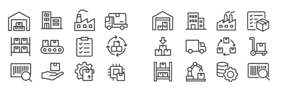 Logistics and supply chain icons representing various warehouse and transportation activities in a modern business setting