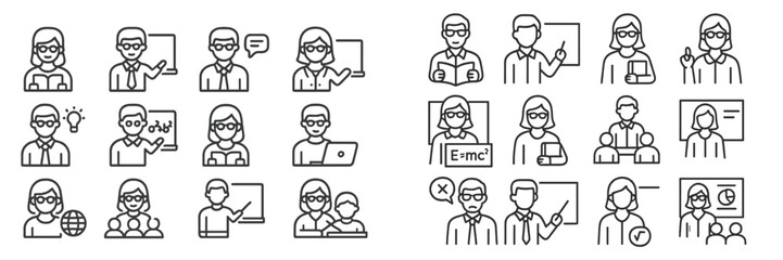 Fototapeta premium Various education and teaching icons depicting instructors engaging with students in different learning environments
