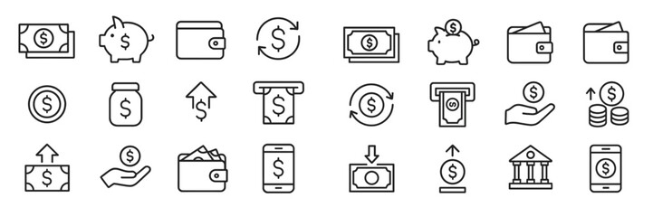 Illustrations of various financial transactions and concepts in minimalist line art style
