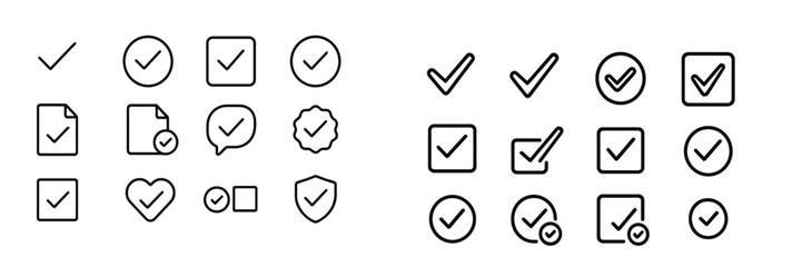 Various checkmark symbols and icons arranged in two distinct groups on a simple background showcasing clarity and design variety © Mark