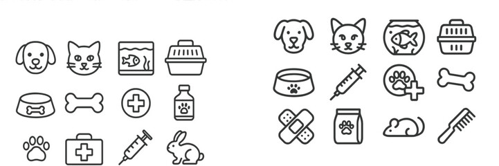 Collection of pet icons showcasing animals, veterinary tools, supplies, and care essentials for pet health and well-being
