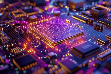 Obraz premium Futuristic Circuit Board with Glowing Microchip and Vibrant Neon Lights in a High-Tech Environment