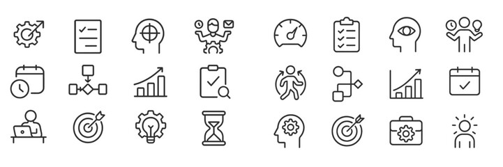 Icons representing business concepts including planning, metrics, teamwork, and productivity displayed on a minimalistic background