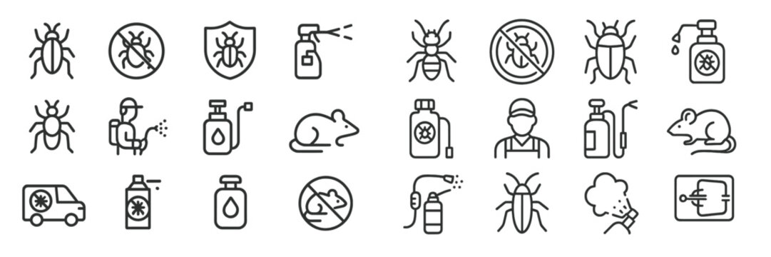 Pest control icons showcasing various methods and tools for insect and rodent management