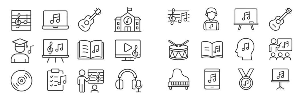 Icons representing various aspects of music education, instruments, and performance activities in a creative style