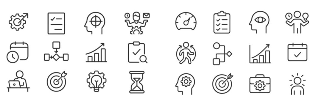 Icons representing business concepts including planning, metrics, teamwork, and productivity displayed on a minimalistic background