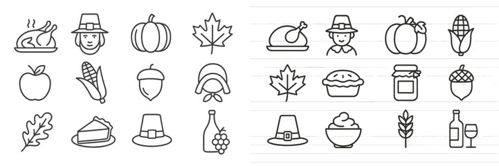Thanksgiving celebration icons featuring foods, autumn leaves, and festive symbols on a background of lined paper