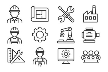Construction and engineering icons represent tools, machinery, and skilled workers in a modern industrial environment