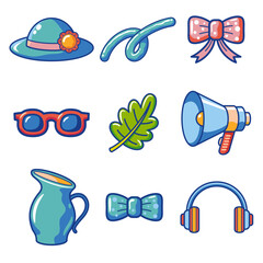Cute cartoon vector set: hat, bow, glasses, sunglasses, leaves, megaphone, jug, headphones