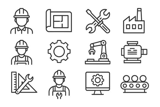 Construction and engineering icons represent tools, machinery, and skilled workers in a modern industrial environment
