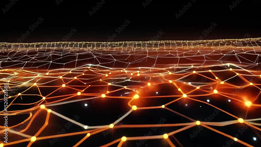 Aufkleber abstract network: glowing orange nodes and lines flowing across dark background