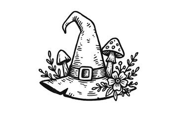Creative witch hat design surrounded by mushrooms and flowers in a whimsical style for Halloween