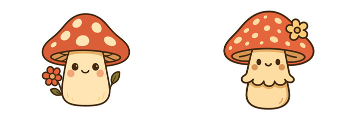 Cute cartoon mushrooms with smiling faces and colorful details in a whimsical style