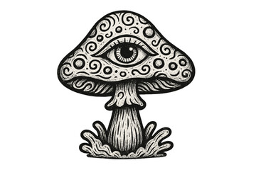 Intricate mushroom illustration featuring a central eye design and swirling patterns on a white background