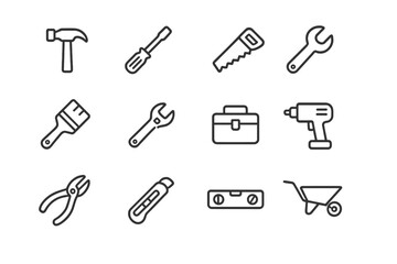 Collection of essential hand tools arranged in a grid showcasing various items for construction and repair tasks