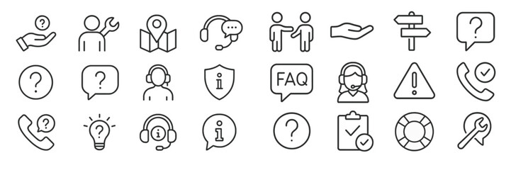 Collection of customer service and support icons illustrating various communication and information options for assistance