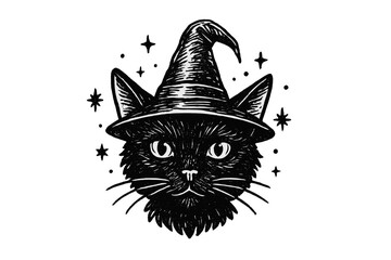 Enchanted black cat wearing a witch hat with stars around in a mystical illustration
