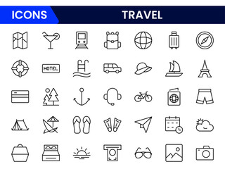 Dynamic vector web line icons capturing travel essentials, global exploration, adventure, transportation, and vibrant cultural experiences worldwide.