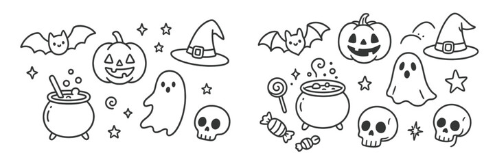 Creative Halloween-themed doodles featuring ghosts, pumpkins, skulls, and more in a whimsical arrangement