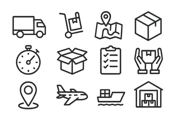 Logistics icons illustrating transportation, delivery tracking, and package handling in a clear, outlined style