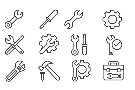 Collection of tools including wrenches, screwdrivers, and gears arranged in a grid format showcasing mechanical work essentials
