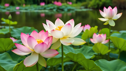 Fototapeta premium Pink lotus and water lily flowers bloom beautifully in nature's pond, showcasing their delicate petals and vibrant summer beauty
