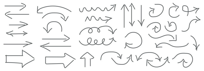 Set of  hand drawn arrow element vector. Collection of doodle arrows, lines, symbol, pointing mark, shapes on white background.