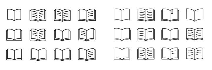 Different styles and arrangements of open and closed books on a plain background
