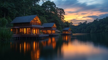 Fototapeta premium Lakeside Serenity: Illuminated Cabins at Sunset