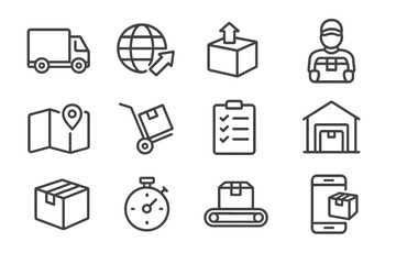Icons representing logistics and delivery processes in a modern supply chain setting