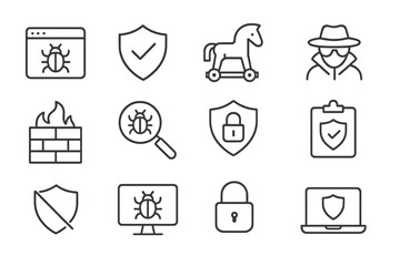 Various cybersecurity icons represent protection against digital threats in a simple layout