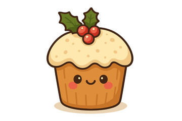 Cute holiday cupcake with cheerful face and decorative holly made for festive celebrations
