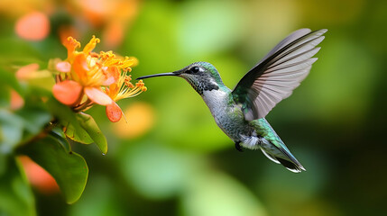 Naklejka premium A hummingbird in flight, feeding on a vibrant flower.