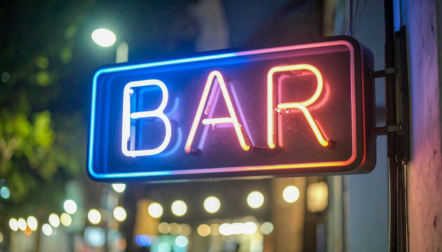 A neon sign that says Bar is lit up in the night. The sign is colorful and stands out against the dark background