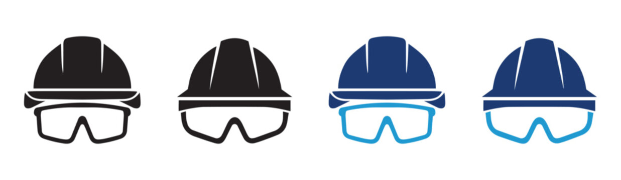 Protection glasses and hardhat icon. Safety first symbol. Worker, builder, helmet, manufacture, engineer, personal protect. Outline, flat and colored style. Flat design. Vector illustration. 