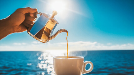 Pouring hot coffee with a stunning ocean view on a sunny morning, a moment of pure relaxation Enjoying a cup, mug of hot drink with a beautiful sea view. The sun shines brightly in summer day.