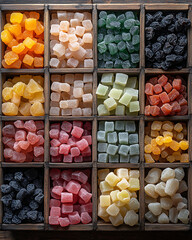 Colorful Assortment of Gourmet Fruit Candies Displayed in Wooden Boxes at a Market in the Afternoon