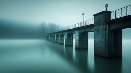 Fototapeta premium A concrete bridge spans calm water beneath a misty sky.