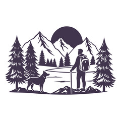 Hiker with dog in mountain landscape. outdoor adventure scene with pine trees, lake, and mountains, perfect for travel and nature-themed design. vector illustration