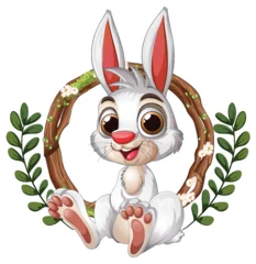 Gordijnen Cheerful Bunny in Floral Wreath © GraphicsRF