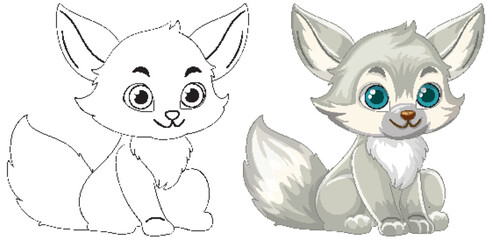 Cute Cartoon Fox with Outline and Color Versions