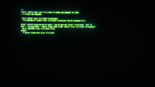 Computer screen of programming code, written by a hacker. Old programming language, on a green phosphor monitor.