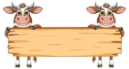 Gordijnen Cartoon Cows Holding Wooden Sign © GraphicsRF