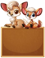 Fototapete Rund Cute Deer Duo on Wooden Sign © GraphicsRF