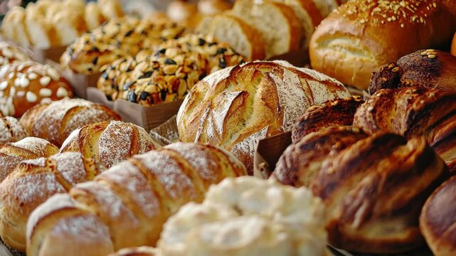 Freshly baked artisan breads and pastries displayed at a local market, Breads and baked goods closeup