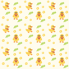 Yellow Seamless Pattern with Ducks and Flowers Background.Cute Animal Repeat Design for Kids and Fabric