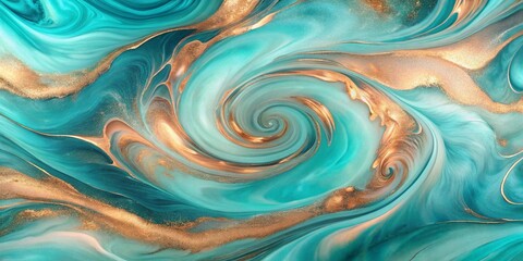 Abstract teal and gold swirl background with a mesmerizing vortex of color and fluid movement design background