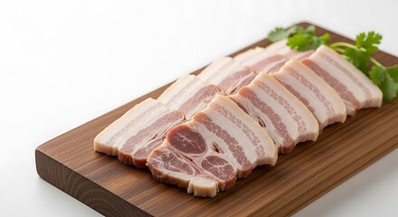 Sliced Pork Belly on Wooden Board