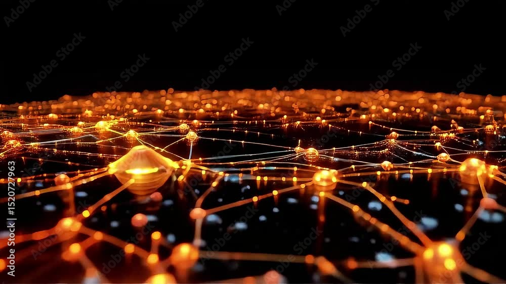 Poster glowing network: abstract orange light web animation