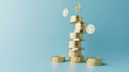The stacked coins form a pyramid, with subtle gradients and reflections on the coins, and a soft blue background. Minimalist, symbolizing prosperity.
